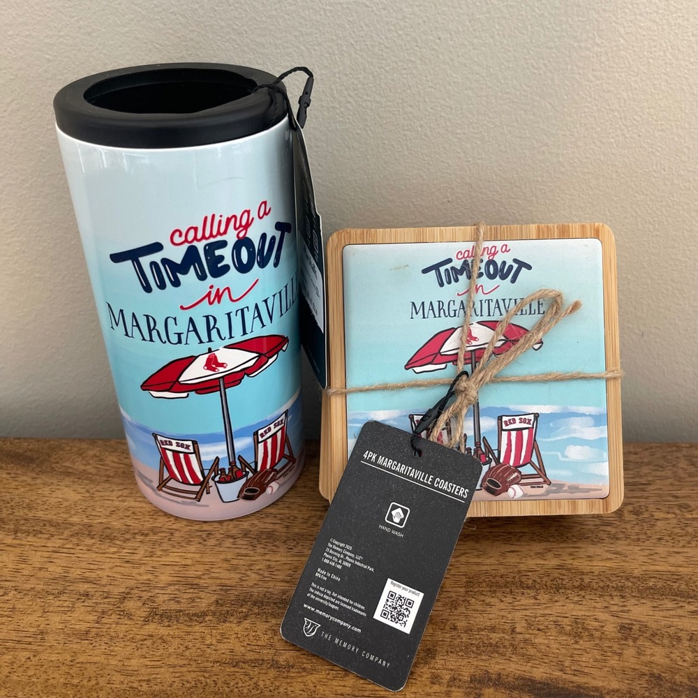 NWT Margaritaville Boston Red Sox Can Cooler & 4PK Coaster Set Blue MLB Beach